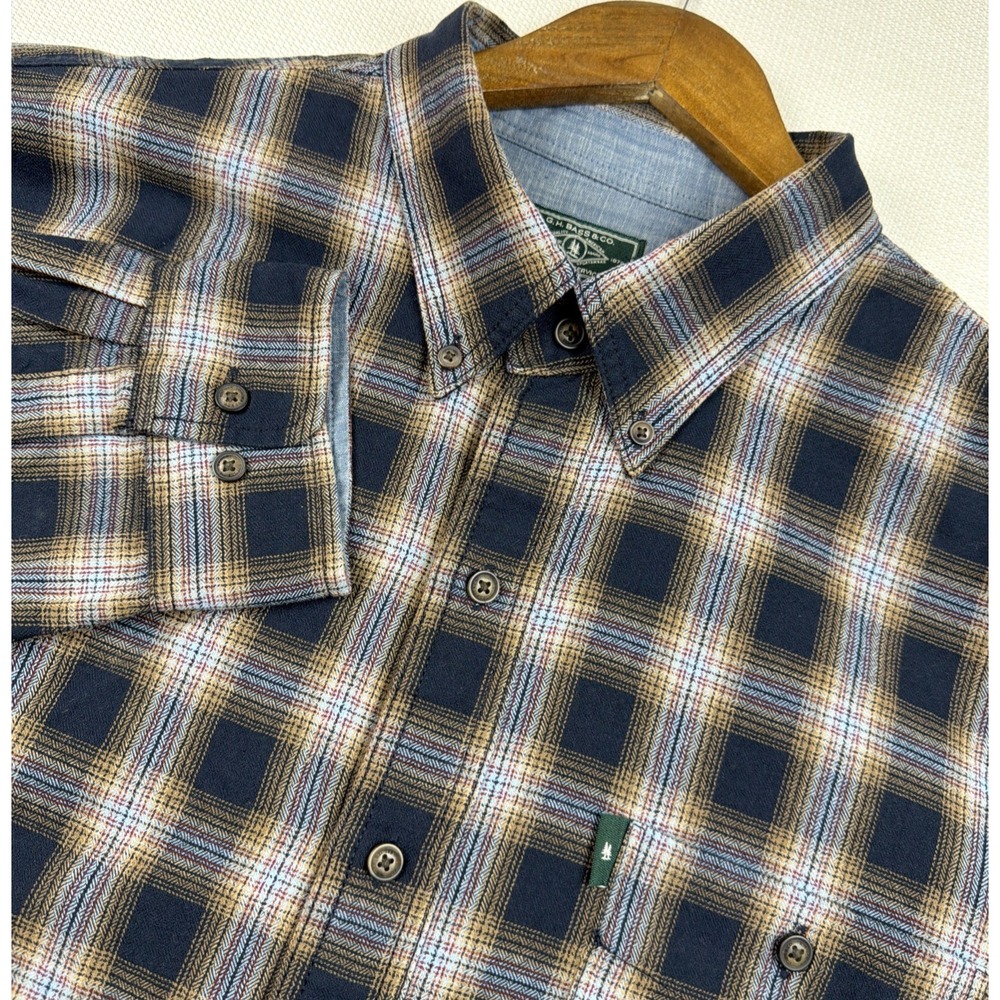 G.H. Bass & Co. Button Down Woven Plaid Shirt Mens Sz XL Blue Brown Cotton Blend